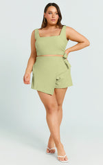 Polina Two Piece Set - Linen Square Neck Crop Top and Tie Waist Skort Set in Sage