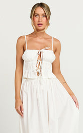 Preston Top - Ruched Tie Front Camisole Top in White