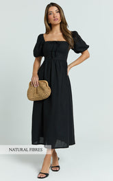 Quinn Midi Linen Blend Dress - Puff Sleeve Square Neck Dress in Black