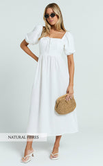 Quinn Midi Linen Blend Dress - Puff Sleeve Square Neck Dress in White