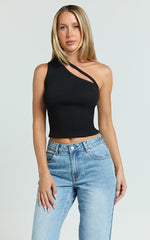 Rafael Top - One Shoulder Rib Strap Tank Top in Black