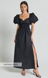 Raiza Midi Dress - Shirred Waist Puff Sleeve Dress in Black