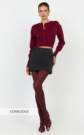 Ramsey Cardigan - Recycled Contoured Waist Button Down Cardigan in Wine