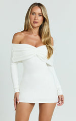 Rani Mini Dress - Off Shoulder Long Sleeve Bodycon Dress in Off White