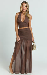 Ray Top - Halter Neck Mesh Ruched Top in Chocolate