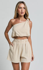 Raylene Two Piece Set - Linen Knotted One Shoulder Top and Paper Bag Waist Shorts in Natural