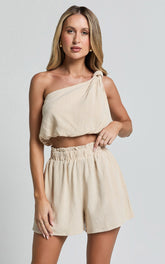 Raylene Two Piece Set - Linen Knotted One Shoulder Top and Paper Bag Waist Shorts in Natural