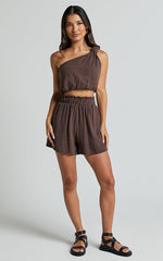 Raylene Two Piece Set - Linen Knotted One Shoulder Top and Paper Bag Waist Shorts in Tobacco