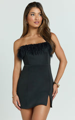 Rhaiza Mini Dress - Faux Feather Trim Strapless Dress in Black