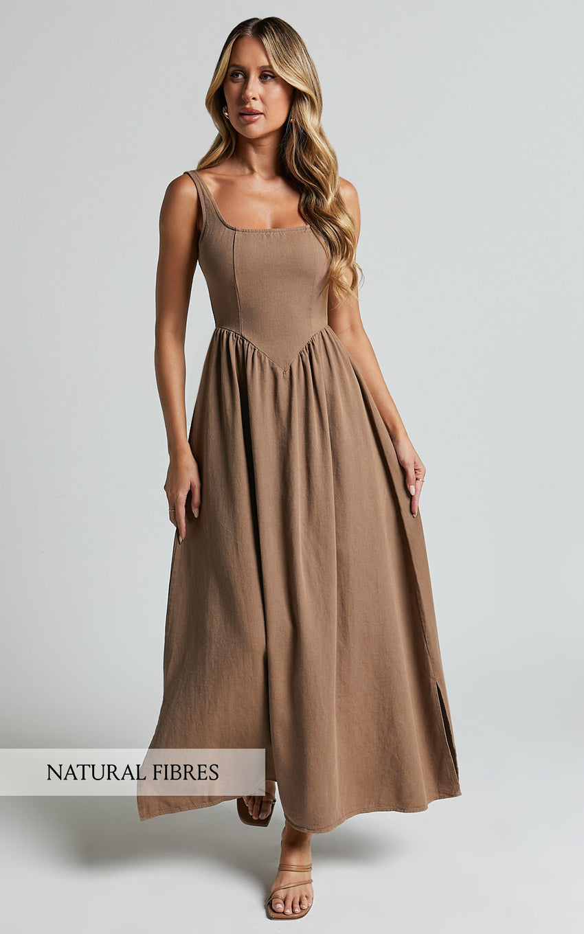 Rhaziya Midi Dress - Sleeveless Straight Neck Fit and Flare Dress in Tobacco