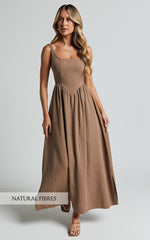Rhaziya Midi Dress - Sleeveless Straight Neck Fit and Flare Dress in Tobacco