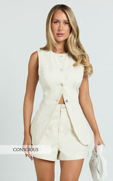 Rhianna Shorts - Mid Waist Recycled Denim Shorts in Ecru