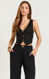 Rimona Top - Linen V Neck Button Down Vest Top in Black
