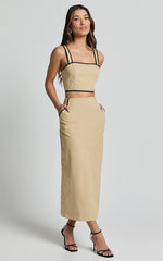 Rita Two Piece Set - Linen Contrast Crop Top and Pencil Midi Skirt Set in Sand/Black