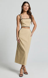 Rita Two Piece Set - Linen Contrast Crop Top and Pencil Midi Skirt Set in Sand/Black