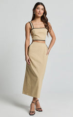 Rita Two Piece Set - Linen Contrast Crop Top and Pencil Midi Skirt Set in Sand/Black