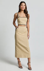 Rita Two Piece Set - Linen Contrast Crop Top and Pencil Midi Skirt Set in Sand/Black