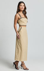 Rita Two Piece Set - Linen Contrast Crop Top and Pencil Midi Skirt Set in Sand/Black