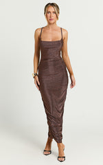 Roma Midi Dress - Ruched Cowl Neck Dress in Chocolate Lurex