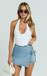 Ronnie Skort - Mid Waist Lace Up Denim Skort in Light Blue Wash