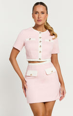 Rosa Two Piece Top and Skirt Set- Tailored Boucle Hardware Detail Button Down Top and Mini Skirt Set in Light Pink