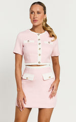 Rosa Two Piece Top and Skirt Set- Tailored Boucle Hardware Detail Button Down Top and Mini Skirt Set in Light Pink