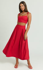 Rosalee Two Piece Top and Skirt Set - Strappy Crop Top and High Waisted A Line Midi Skirt Set in Red
