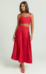 Rosalee Two Piece Top and Skirt Set - Strappy Crop Top and High Waisted A Line Midi Skirt Set in Red