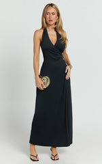 Roseville Midi - Wrap Front Halter Dress with Hardware Detail in Black