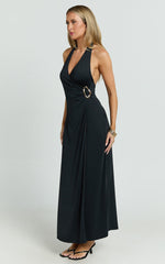 Roseville Midi - Wrap Front Halter Dress with Hardware Detail in Black