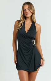 Roseville Mini Dress - Wrap Front Halter Dress with Hardware Detail in Black