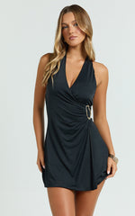 Roseville Mini Dress - Wrap Front Halter Dress with Hardware Detail in Black
