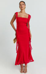 Rosha Midi Dress - Ruffle Strap Dress in Red