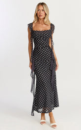 Rosha Midi Dress - Ruffle Strap Dress in Black Polkadot
