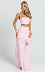 Rowan Two Piece Top and Skirt Set - Square Neck Crop Top and High Waist Pleated Maxi Skirt Set in Pink