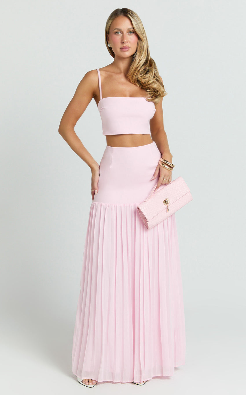 Rowan Two Piece Top and Skirt Set - Square Neck Crop Top and High Waist Pleated Maxi Skirt Set in Pink