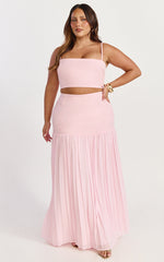 Rowan Two Piece Top and Skirt Set - Square Neck Crop Top and High Waist Pleated Maxi Skirt Set in Pink