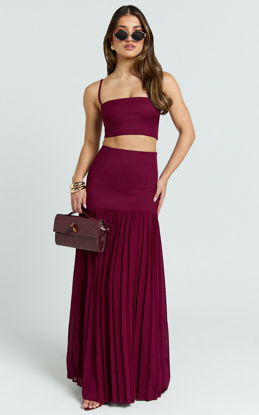 Rowan Two Piece Top and Skirt Set - Square Neck Crop Top and High Waist Pleated Maxi Skirt Set in Wine