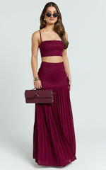 Rowan Two Piece Top and Skirt Set - Square Neck Crop Top and High Waist Pleated Maxi Skirt Set in Wine