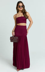 Rowan Two Piece Top and Skirt Set - Square Neck Crop Top and High Waist Pleated Maxi Skirt Set in Wine