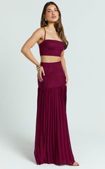 Rowan Two Piece Top and Skirt Set - Square Neck Crop Top and High Waist Pleated Maxi Skirt Set in Wine