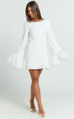 Rowella Mini Dress - Faux Feather Bell Sleeve Dress in White