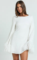 Rowella Mini Dress - Faux Feather Bell Sleeve Dress in White