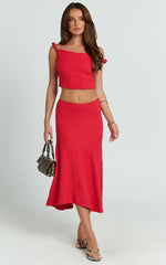 Rowena Two Piece Top and Skirt Set - Twist Tip Shoulder Top and Mid Rise Midi Skirt in Deep Red