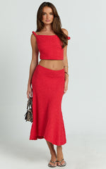 Rowena Two Piece Top and Skirt Set - Twist Tip Shoulder Top and Mid Rise Midi Skirt in Deep Red