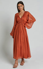 Roxanna Midi Dress - Long Sleeve Ruched Waist Dress in Rust