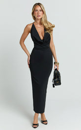 Roxanne Midi Dress - Low Cowl Open Back Slip Dress in Black