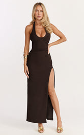 Ruby Maxi Dress - Halter Scoop Neck Low Back Bodycon Dress in Chocolate