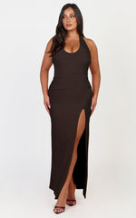 Ruby Maxi Dress - Halter Scoop Neck Low Back Bodycon Dress in Chocolate