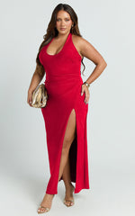 Ruby Maxi Dress - Halter Scoop Neck Low Back Bodycon Dress in Red
